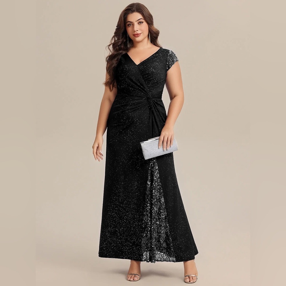 🆕 Plus Size Knotted Knit Cap Sleeve Maxi Glitter Evening Dress